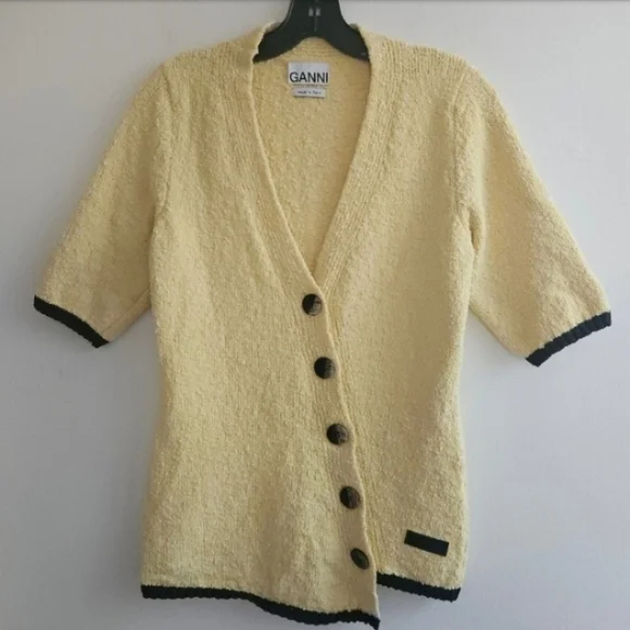 Ganni Soft Yellow Asymmetric Boucle Button-Up Cardigan Sweater Women's Size Med - Picture 5 of 10